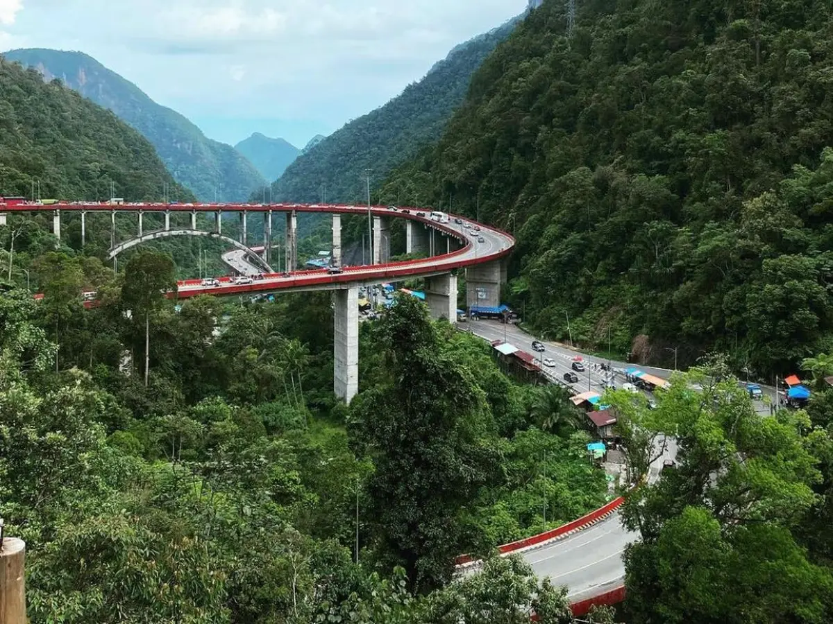 Panoramic shot of the Kelok Sembilan bridge spanning a deep valley surrounded by dense tropical forests, illustrating the blend of modern engineering and natural beauty.